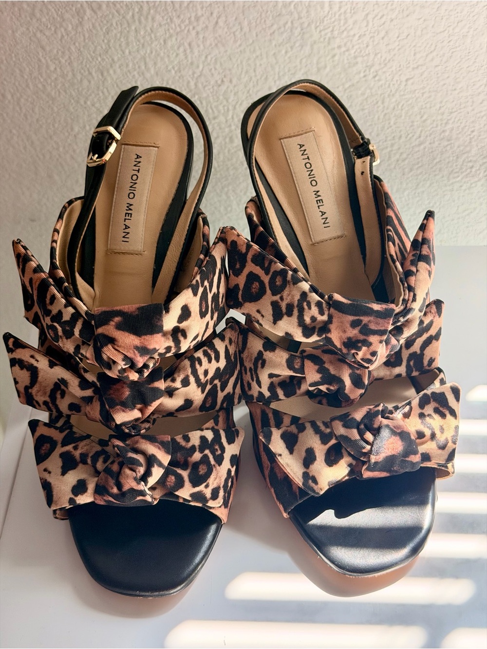 ANTONIO MELANI Leopard-Print Bow Slingback Sandals - Brown Black Size 8.5